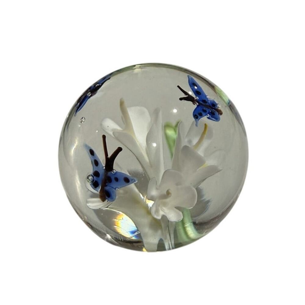 Artglass White Lillies  Blue Butterflies Round Paperweight 8.25" Around 3" Wide